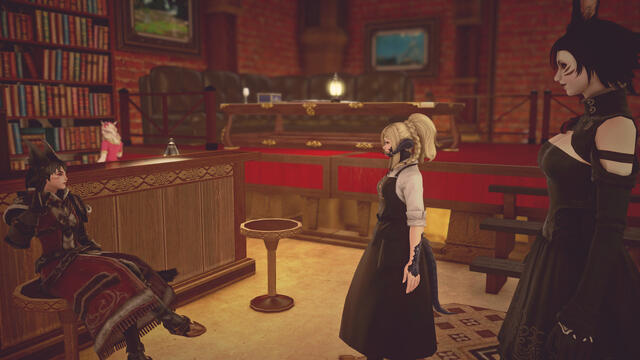 Friendly conversation at the bar